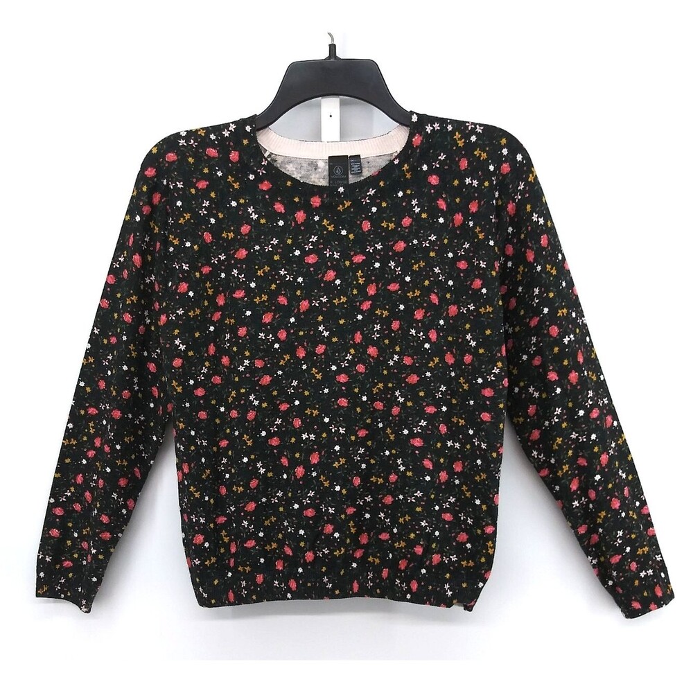 Volcom Shirt Women Size L Black Mini Floral Long Sleeve Crew Neck Knit Top